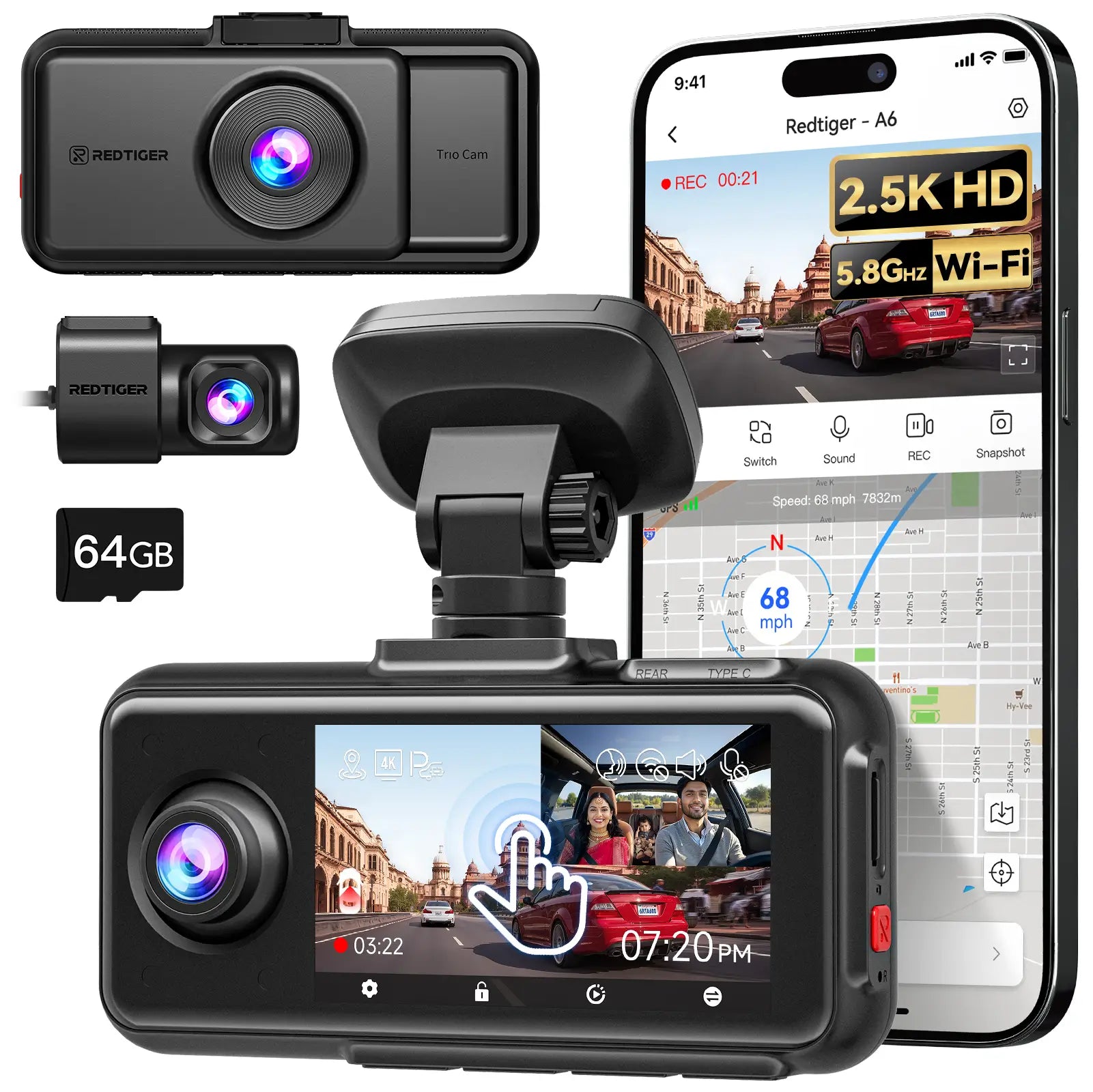Redtiger A6 2.5k+1080P+1080P 3-Channel 5.8GHz Wifi Dash Cam A6
