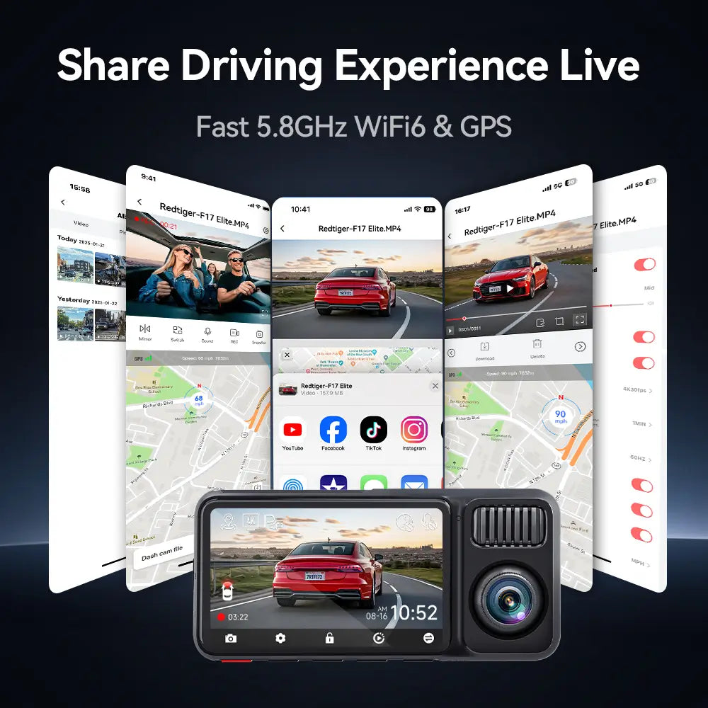 Redtiger F17 Elite 3-Channel 4K+2.5K+1080P 24/7 Ultra-Color Wifi6 Dash Cam F17 Elite