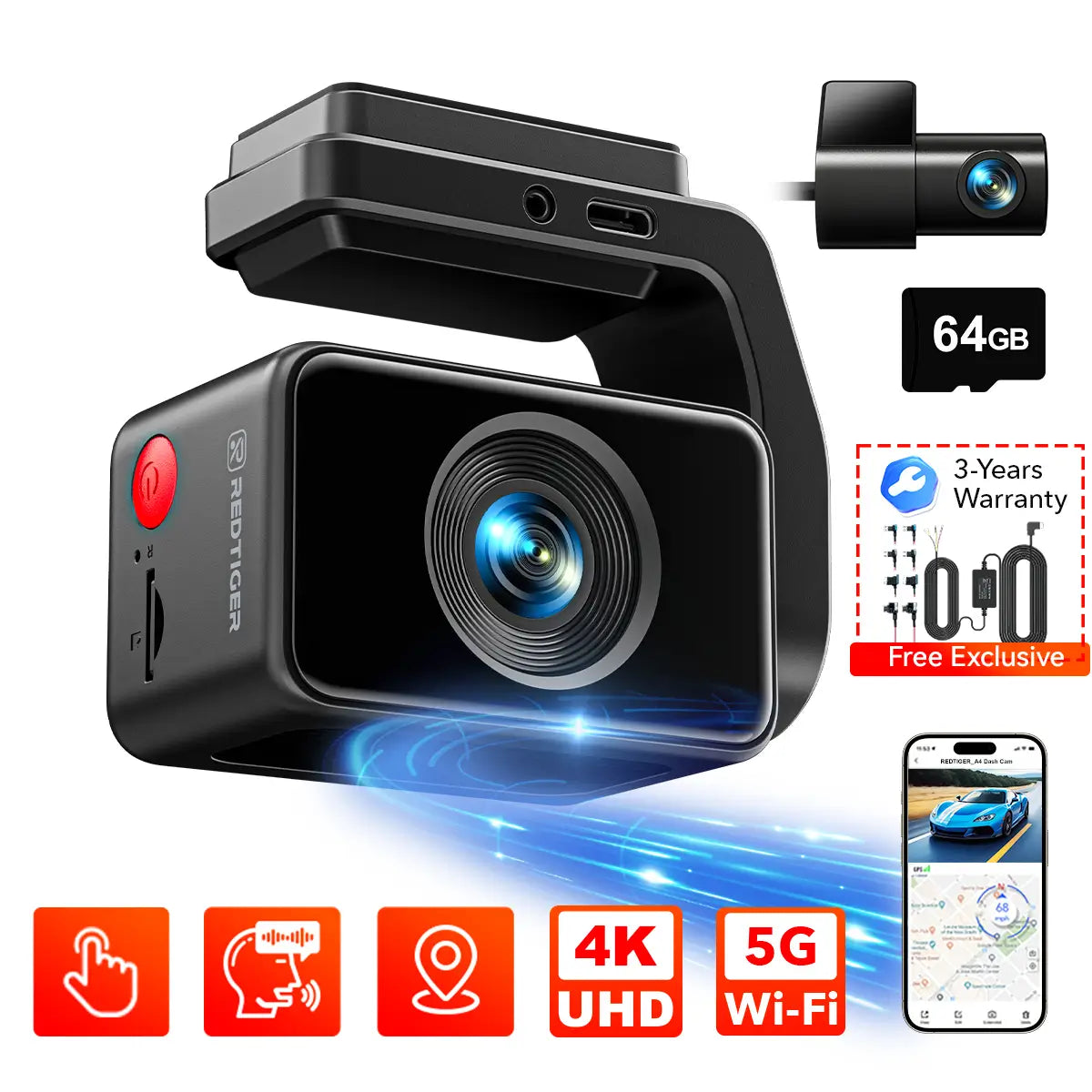 Redtiger A4 4K+1080P 5.8GHz WIFI Voice Control Dash Cam A4