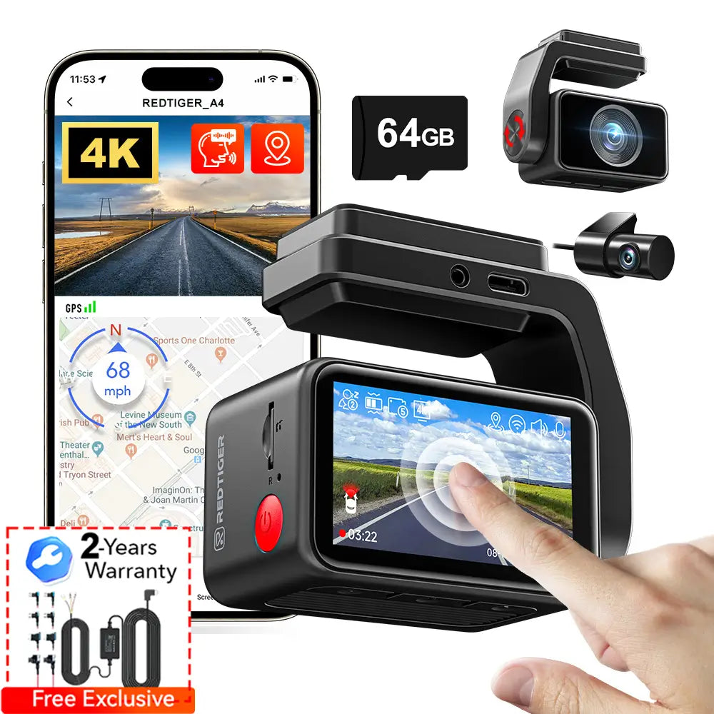 Redtiger A4 4K+1080P 5.8GHz WIFI Voice Control Dash Cam A4