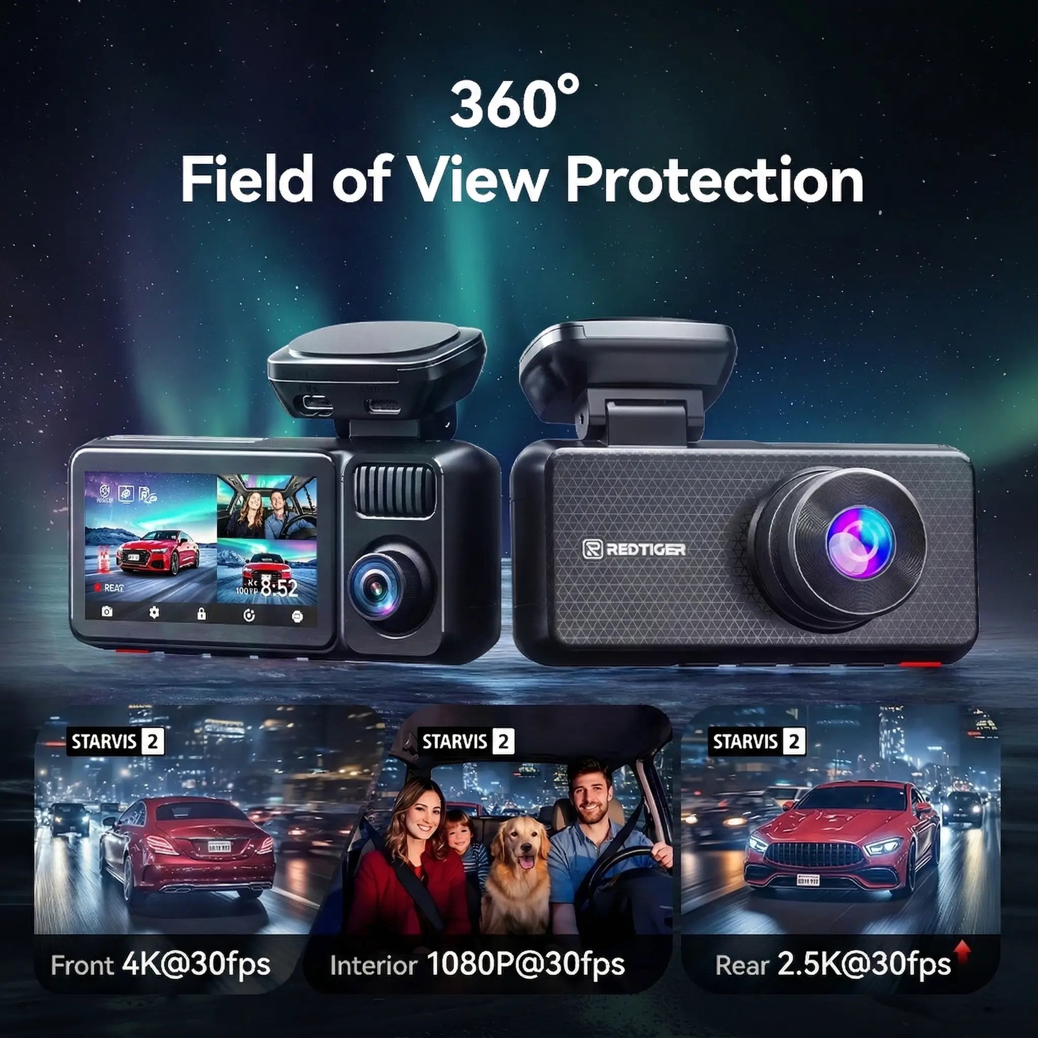Redtiger F17 Elite Triple STARVIS 2 Dash Cam 3-Channel 4K+2.5K+1080P 24/7 Ultra-Color Wifi6 Dash Cam F17 Elite