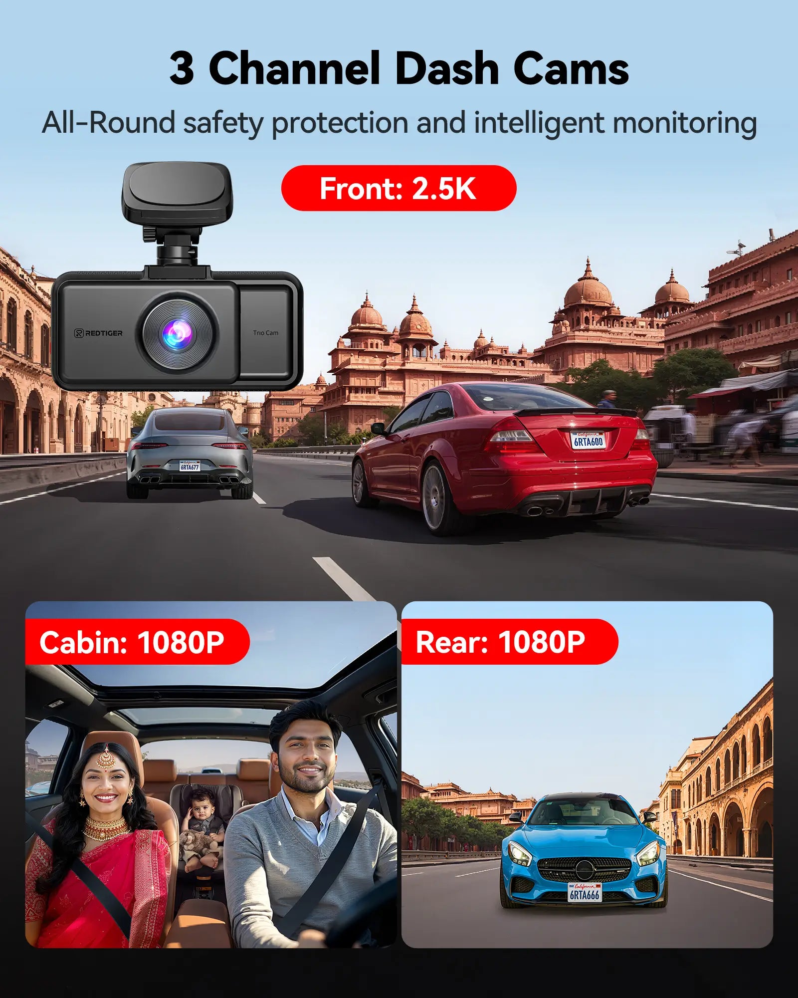 Redtiger A6 2.5k+1080P+1080P 3-Channel 5.8GHz Wifi Dash Cam