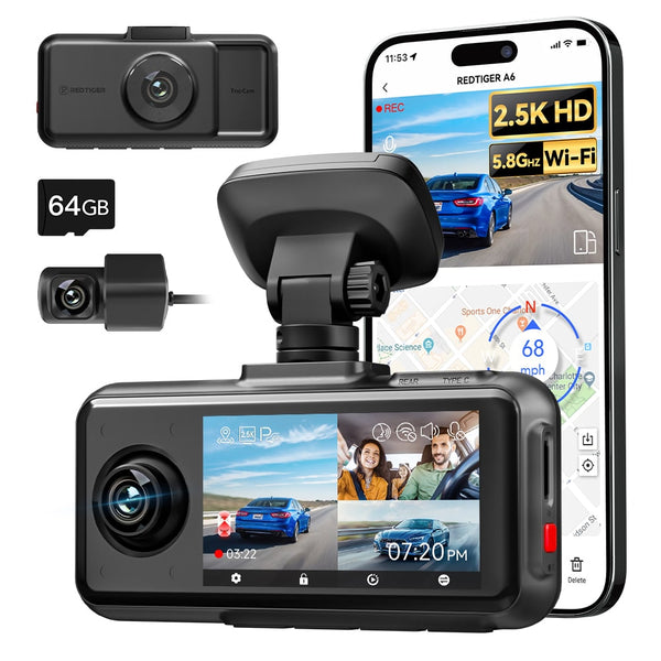 Redtiger A6 2.5k+1080P+1080P 3-Channel 5.8GHz Wifi Dash Cam