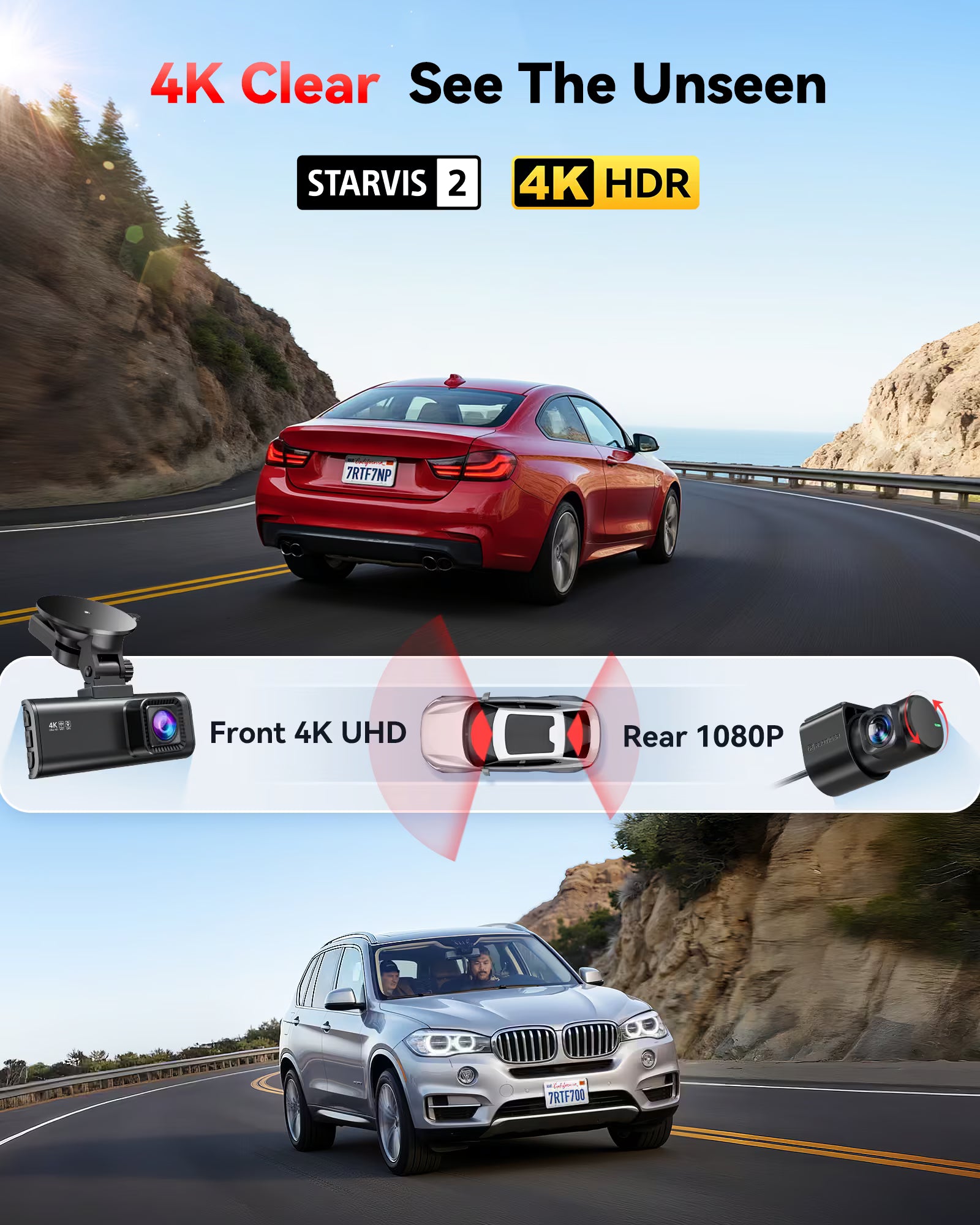 Redtiger F7NP  4K Front + 1080P Rear Dash Cam, STARVIS 2 Sensor, 5.8GHz WiFi 6 (Up to 20MB/s) GPS, WDR & HDR Night View, 170° Wide Angle, Heat-Resistant, Parking Mode, 128GB Card Included