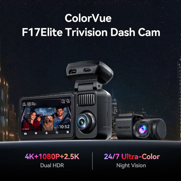Redtiger F17 Elite 3-Channel 4K+2.5K+1080P 24/7 Ultra-Color Wifi6 Dash Cam