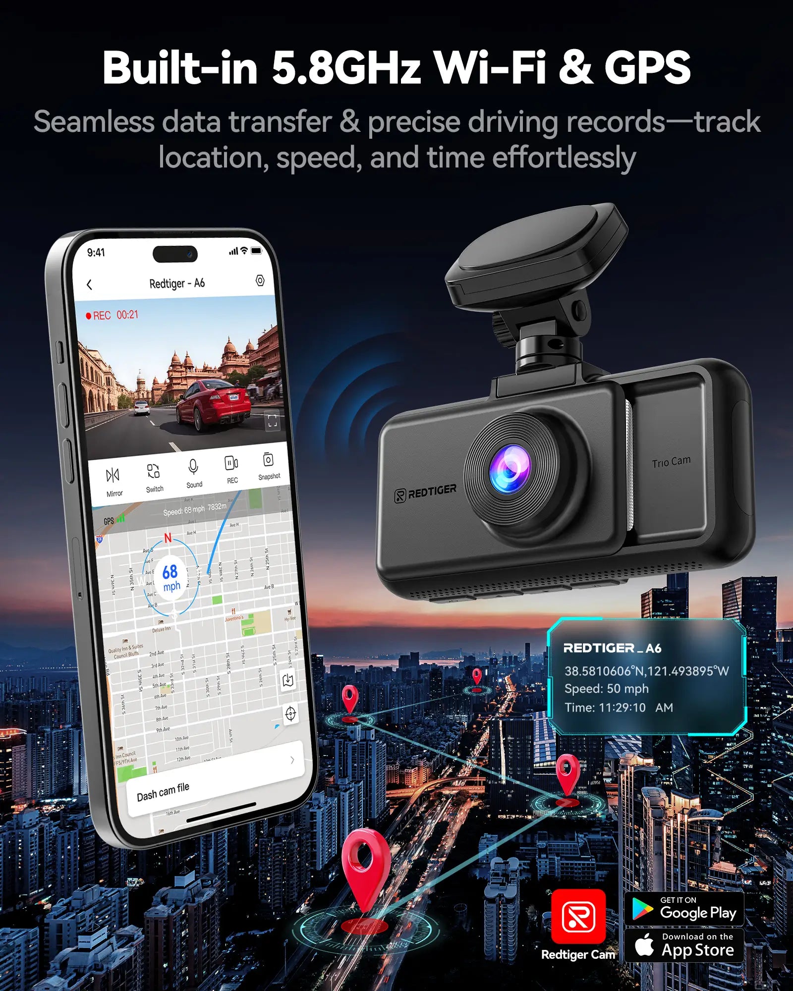 Redtiger A6 2.5k+1080P+1080P 3-Channel 5.8GHz Wifi Dash Cam