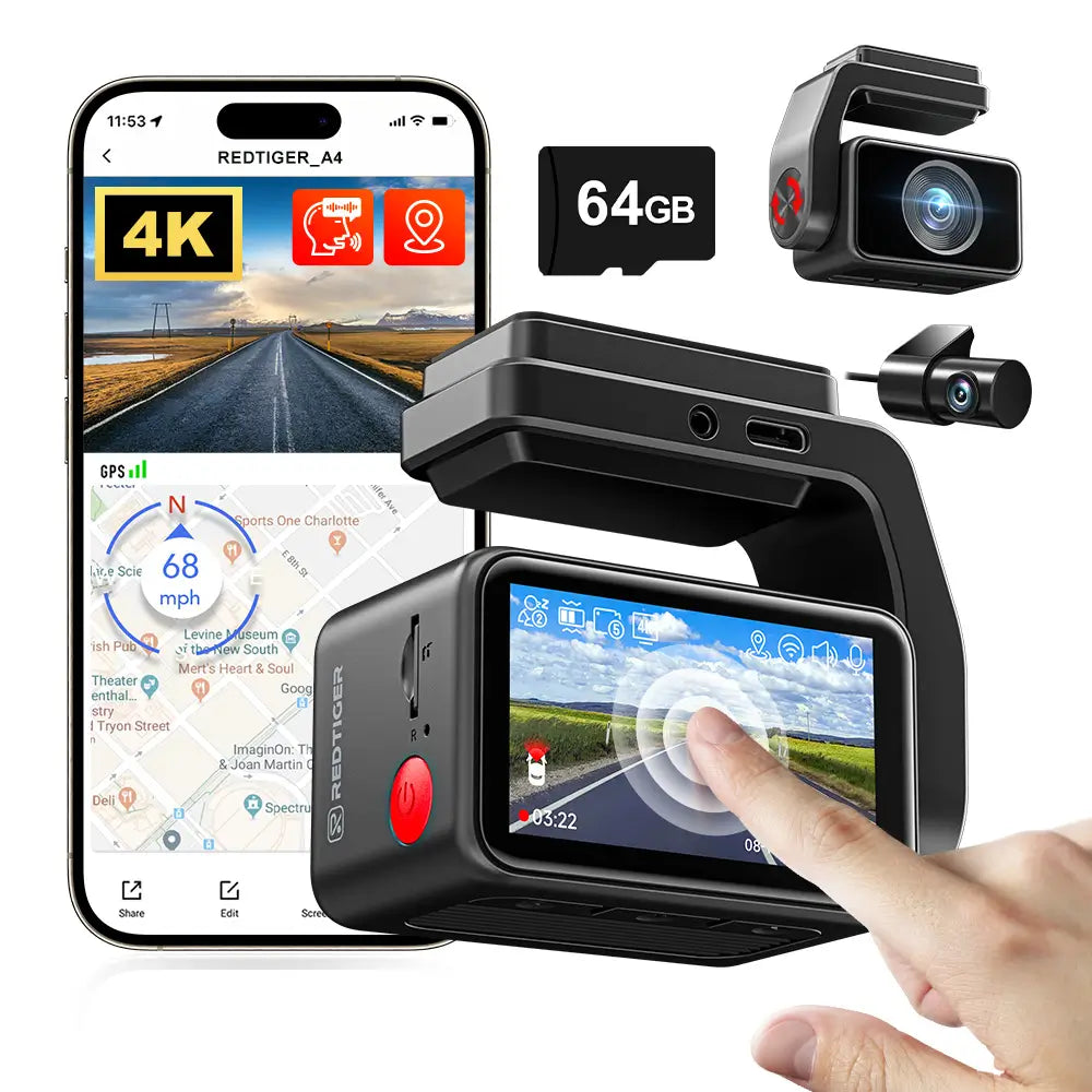 Redtiger A4 4K+1080P 5.8GHz WIFI Voice Control Dash Cam
