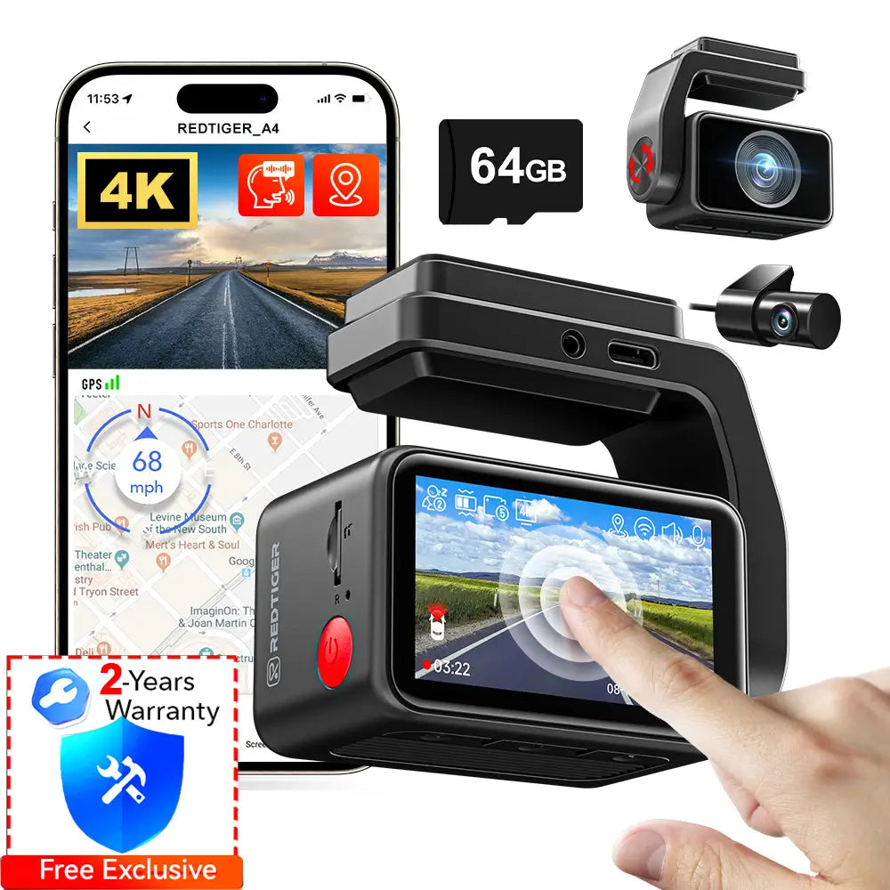 Redtiger A4 4K+1080P 5.8GHz WIFI Voice Control Dash Cam A4