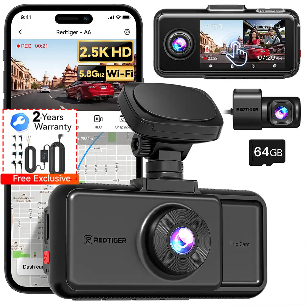 Redtiger A6 2.5k+1080P+1080P 3-Channel 5.8GHz Wifi Dash Cam A6