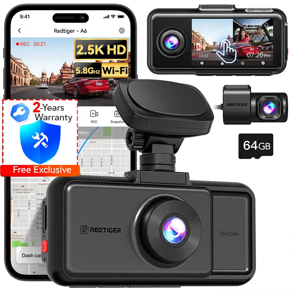 Redtiger A6 2.5k+1080P+1080P 3-Channel 5.8GHz Wifi Dash Cam A6