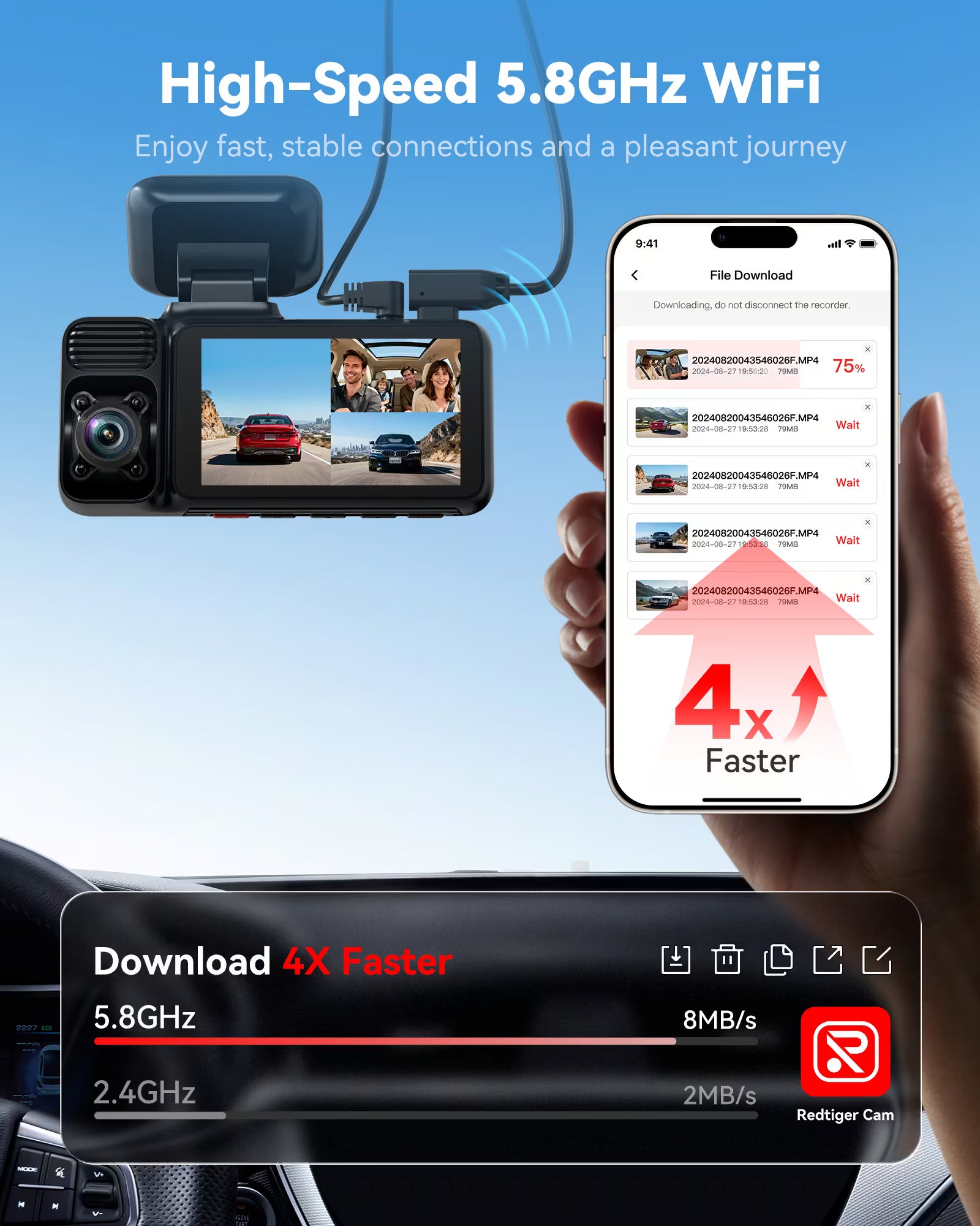 Redtiger F17 4K 3-Channel 5G Wifi Dash Cam F17