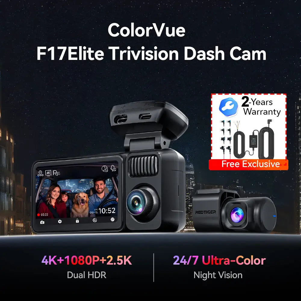 Redtiger F17 Elite 3-Channel 4K+2.5K+1080P 24/7 Ultra-Color Wifi6 Dash Cam F17 Elite