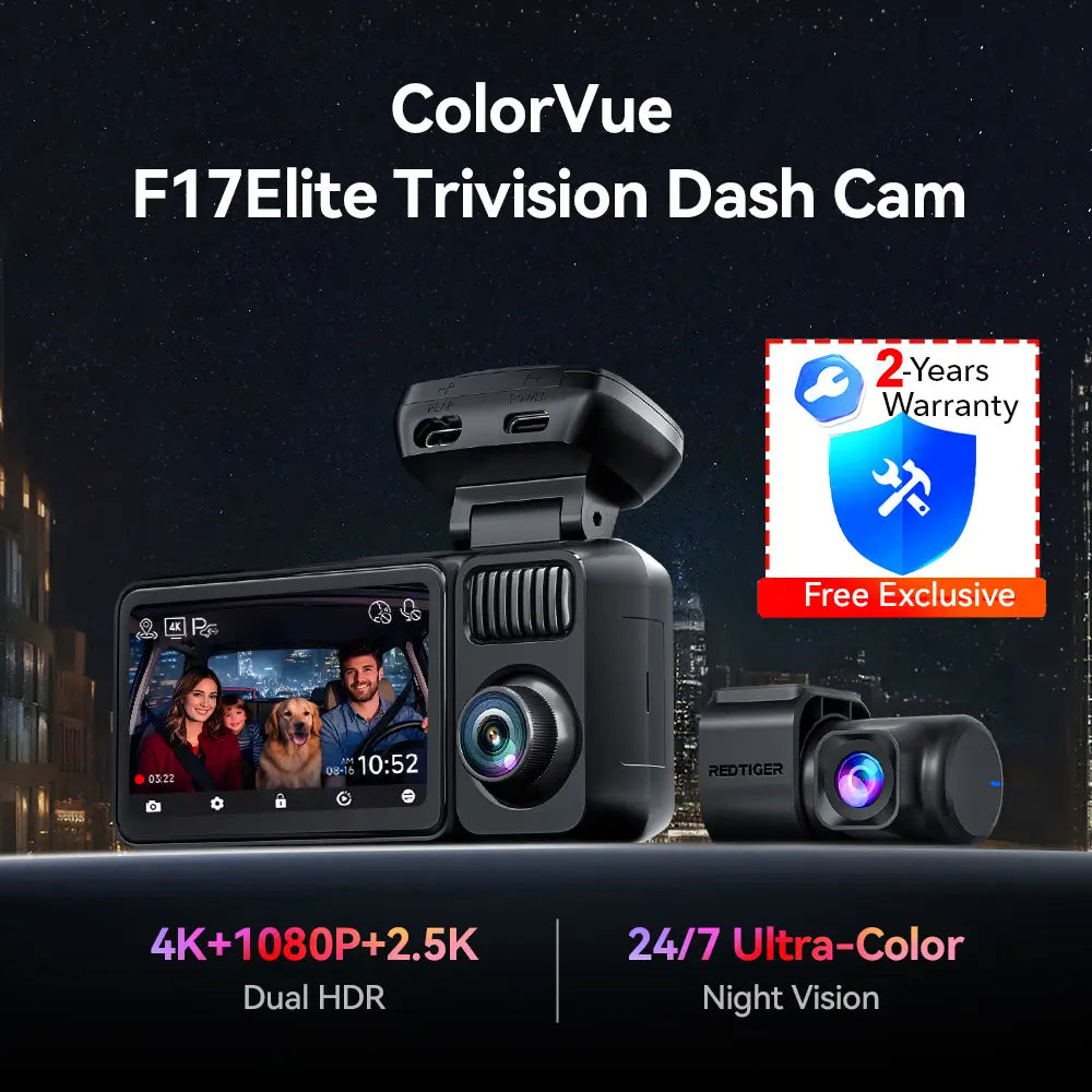 Redtiger F17 Elite 3-Channel 4K+2.5K+1080P 24/7 Ultra-Color Wifi6 Dash Cam F17 Elite