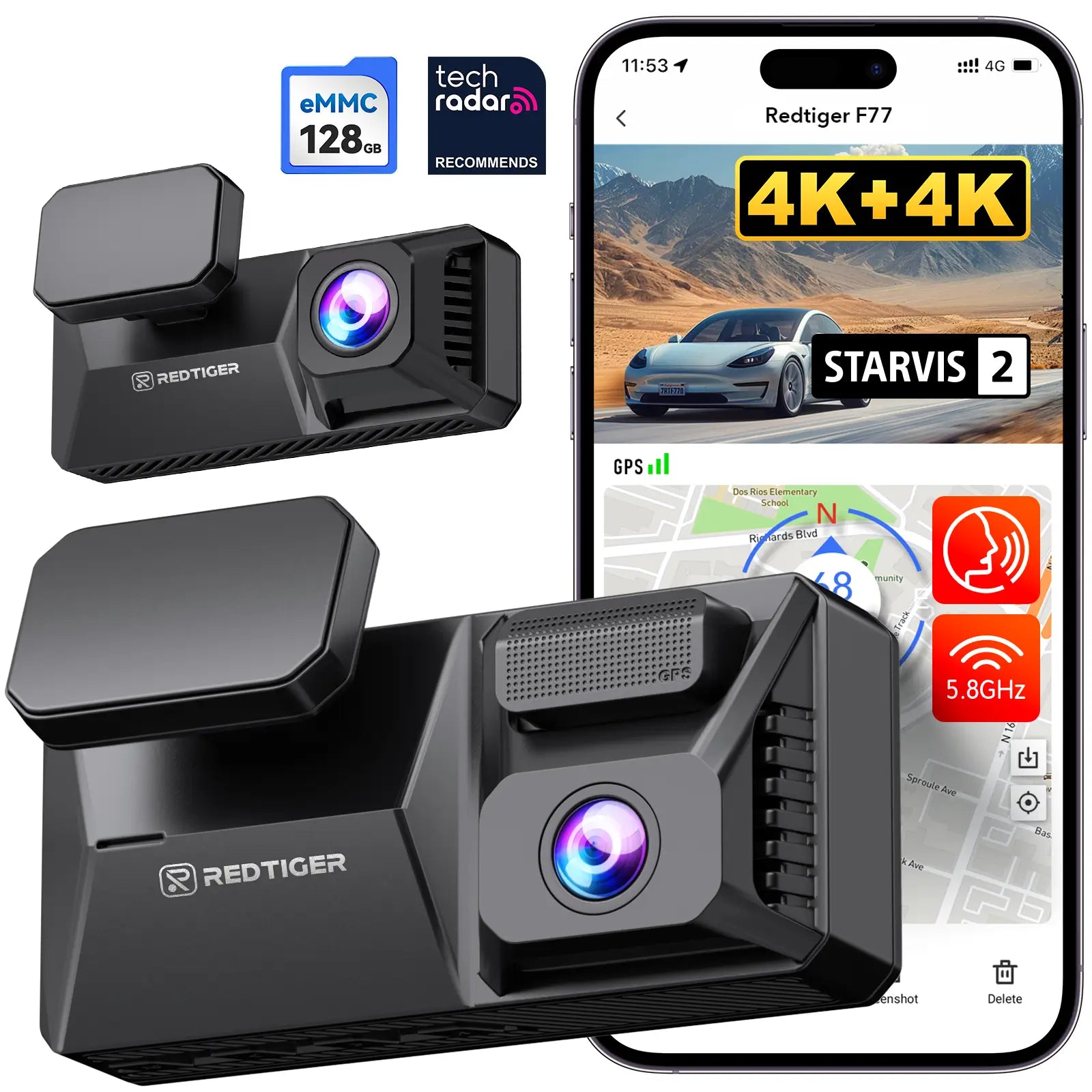 F77 STARVIS 2 4K+4K Dual IMX678 Voice Control 5.8GHz WIFI Dash Cam