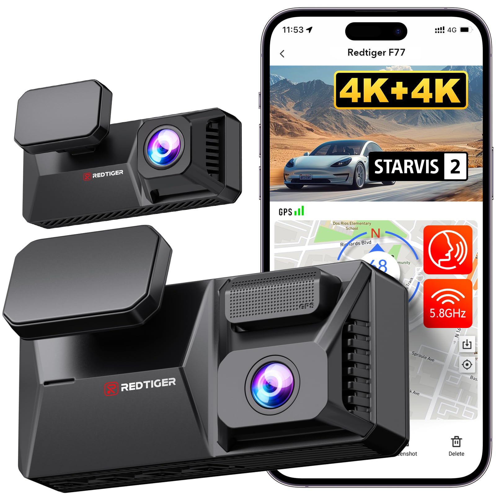 F77 STARVIS 2 4K+4K Dual IMX678 Voice Control 5.8GHz WIFI Dash Cam